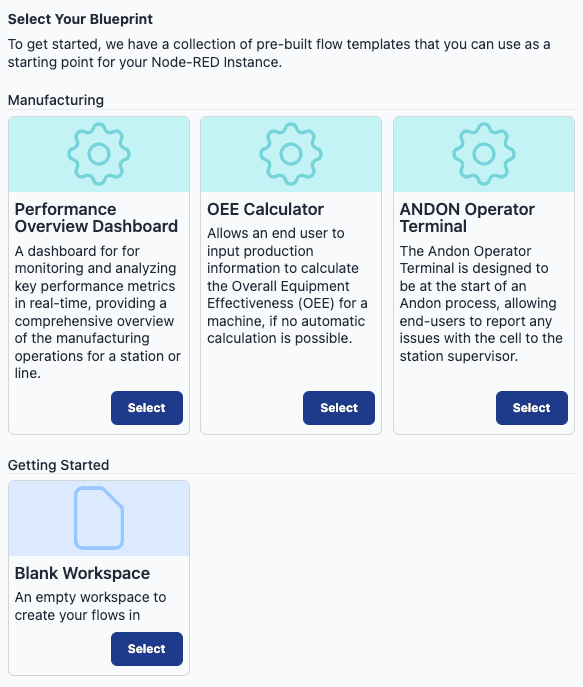 FlowFuse Blueprint Selection "FlowFuse Blueprint Selection"